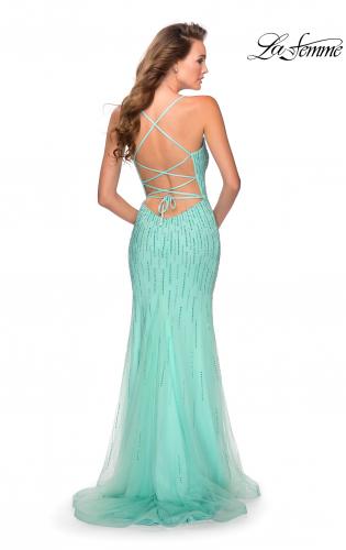 Picture of: Long Jeweled Pastel Prom Gown with Lace Up Back in Mint, Style: 28622, Back Picture