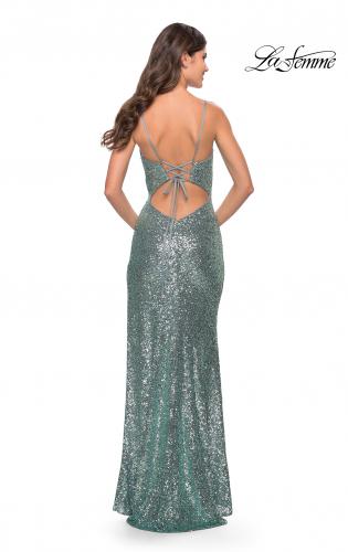 Picture of: Stretch Sequin Dress with High Side Slit and V Neck in Mint, Style: 31298, Back Picture