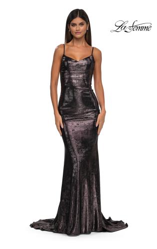 Picture of: Metallic Jersey Dress with Low Back and Ruching in Mocha, Style: 32932, Detail Picture 8