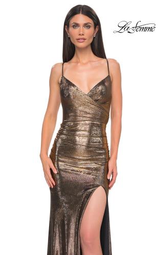 Picture of: Ruched Metallic Jersey Dress with Open Lace Up Back in Mocha , Style 32945, Detail Picture 13
