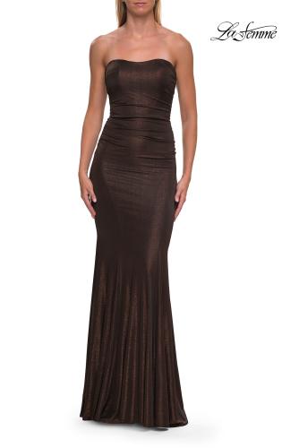 Picture of: Strapless Metallic Jersey Gown with Ruching and Fitted Silhouette in Mocha, Style: 33424, Detail Picture 15