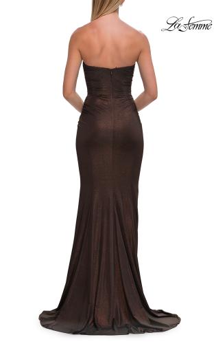 Picture of: Strapless Metallic Jersey Gown with Ruching and Fitted Silhouette in Mocha, Style: 33424, Detail Picture 16