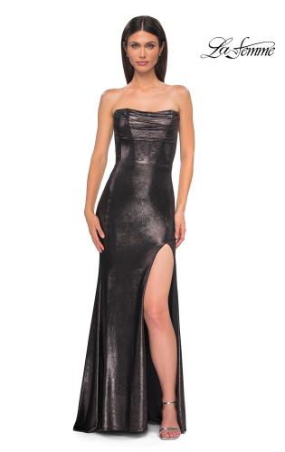 Picture of: Strapless Draped Neckline Prom Dress in Metallic Jersey in Mocha , Style 32828, Detail Picture 5