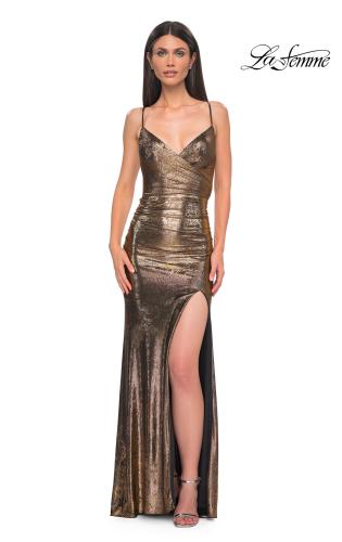 Picture of: Ruched Metallic Jersey Dress with Open Lace Up Back in Mocha , Style 32945, Detail Picture 5