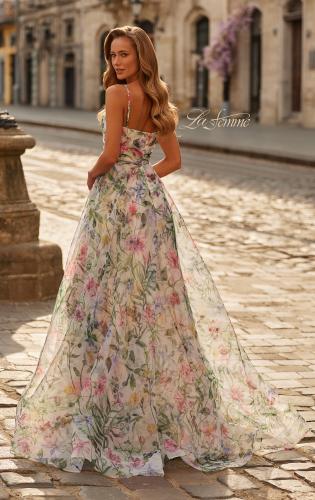 Picture of: Floral Print A-Line Gown with Sweetheart Neckline and High Slit in Multi, Style: 33516, Back Picture