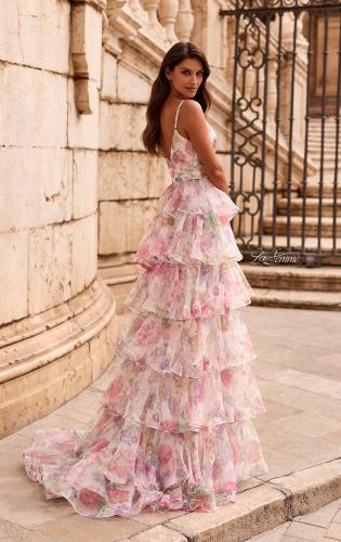 Picture of: Floral Ruffle Tiered Gown with Slit and Spaghetti Straps in Multi, Style: 33740, Back Picture
