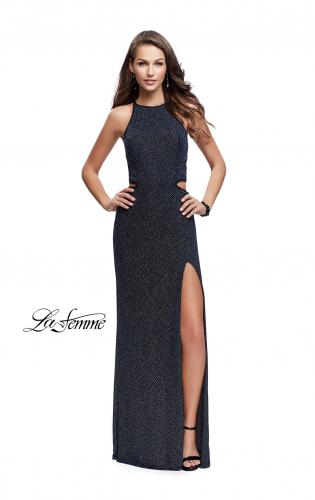 Picture of: Long Glittering Jersey Dress with Side Cut Outs and Open Back in Multi, Style: 25619, Detail Picture 1
