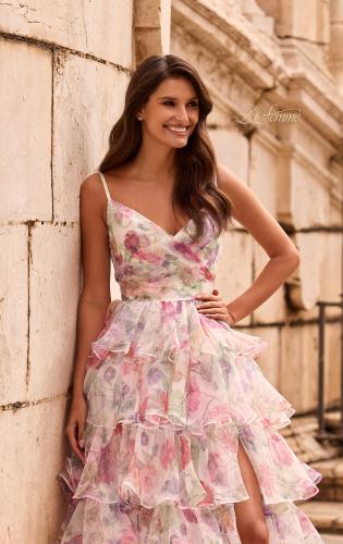 Picture of: Floral Ruffle Tiered Gown with Slit and Spaghetti Straps in Multi, Style: 33740, Detail Picture 1