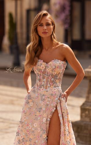 Picture of: 3D Floral Corset A-Line Prom Gown with High Slit in Multi, Style: 33409, Detail Picture 2