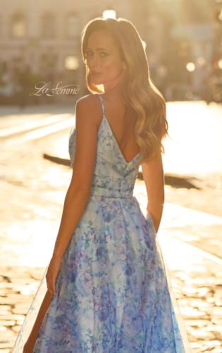 Picture of: Floral Print A-Line Gown with Slit and V-Neckline in Multi, Style: 33502, Detail Picture 2