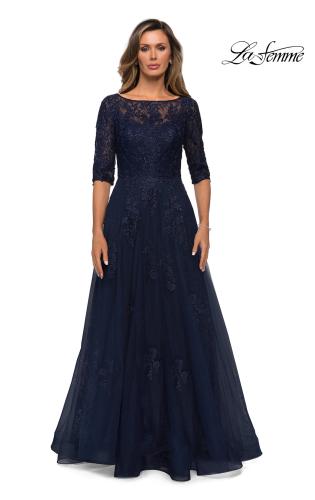 Picture of: Lace and Tulle A-line Gown with Three Quarter Sleeves, Style: 28036, Detail Picture 8