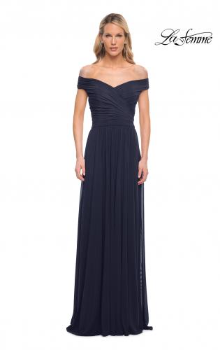 Picture of: Off the Shoulder Net Jersey Long Dress with Ruching in Navy, Detail Picture 8