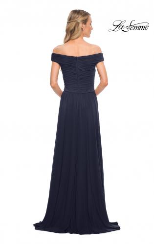 Picture of: Off the Shoulder Net Jersey Long Dress with Ruching in Navy, Detail Picture 9