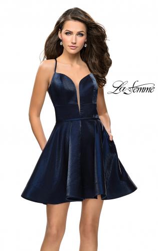 Picture of: Fit and Flare Satin Short Dress with Deep Neckline in Navy, Style: 26659, Main Picture