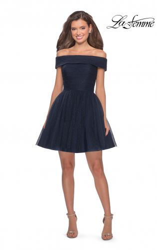 la femme off the shoulder velvet & tulle party dress