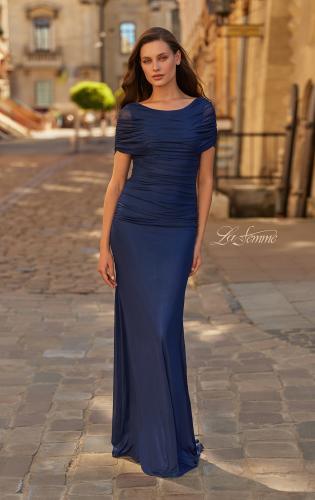 Picture of: Ruched Metallic Jersey Gown with Sheer Sleeves and V-Back in Navy, Style: 33139, Main Picture