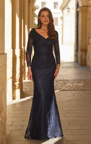 Picture of: Lace Long Sleeve V-Neck Evening Gown in Navy, Style: 33333, Main Picture