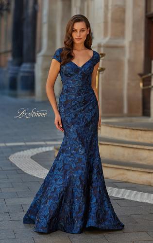Picture of: Cap Sleeve Metallic Brocade Gown with V-Neckline in Navy, Style: 33578, Main Picture