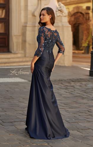 Picture of: Beaded Lace Satin Gown with Sheer Sleeves and Ruched Skirt in Navy, Style: 31802, Back Picture