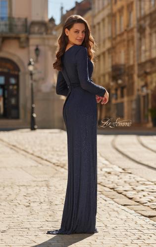 Picture of: Long Sleeve Rhinestone Gown with Pleated Waist in Navy, Style: 33310, Back Picture