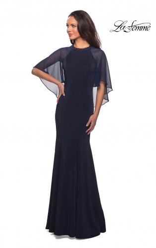 Picture of: Long Gown with sheer sleeves and beaded neckline in Navy, Style: 25006, Main Picture