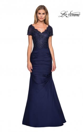 Picture of: Floor Length Satin Dress with Lace Rhinestoned Bodice in Navy, Style: 26979, Main Picture
