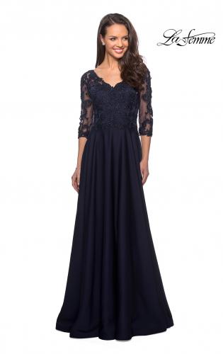 Picture of: Floor Length Satin Dress with Lace Detail and Pockets in Navy, Style: 27235, Main Picture