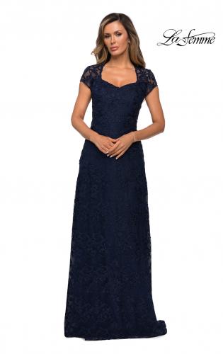 Picture of: Cap Sleeve Floral Gown with Sweetheart Neckline in Navy, Style: 27951, Main Picture
