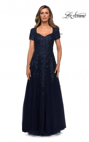 Picture of: A-line Lace and Tulle Evening Dress with Beading in Navy, Style: 28037, Main Picture
