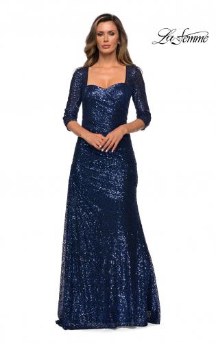 Picture of: Floor Length Sequin Gown wtih Ruching and Sleeves in Navy, Style: 28065, Main Picture