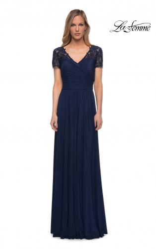 Picture of: Jersey Long Evening Dress with Short Lace Sleeves in Navy, Main Picture
