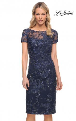 Picture of: Beautiful Short Dress with Illusion Top and Sleeve in Blue, Style: 29982, Main Picture