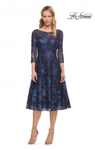 Picture of: Beautiful Lace Tea Length Gown with Three-Quarter Sleeves in Blue, Style: 30005, Main Picture