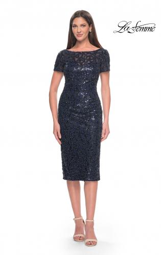 Picture of: Short Evening Dress with Intricate Beaded Sequin Design in Navy, Style: 30043, Main Picture