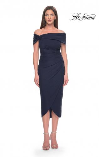 Picture of: Tea Length Fitted Jersey Ruched Off the Shoulder Dress in Navy, Style: 30109, Main Picture