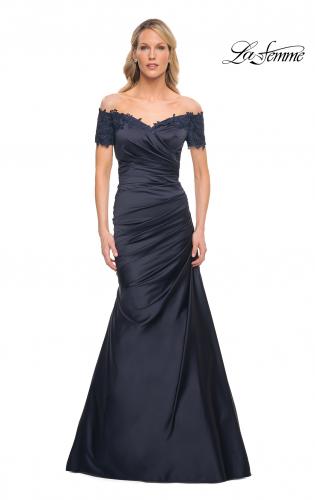 Picture of: Off the Shoulder Satin and Lace Mermaid Pleated Gown in Blue, Style: 30199, Main Picture