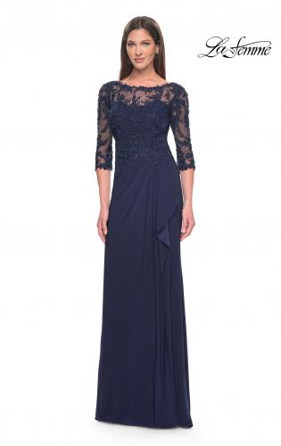 Picture of: Long Evening Gown with Lace Illusion Sleeves and Neckline in Navy, Style: 30385, Main Picture