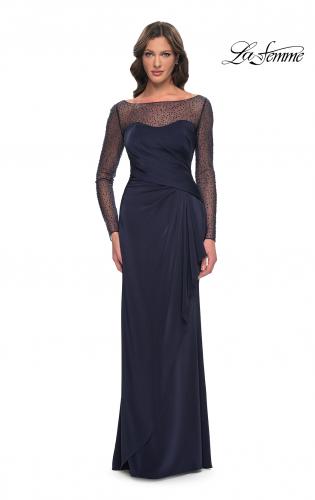 Picture of: Sleek Long Evening Dress with Ruching and Illusion Top in Navy, Style: 30808, Main Picture