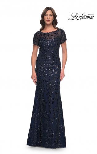 Picture of: Beaded Sequin Chic Evening Dress with Illusion Top and Short Sleeves in Navy, Style: 30877, Main Picture