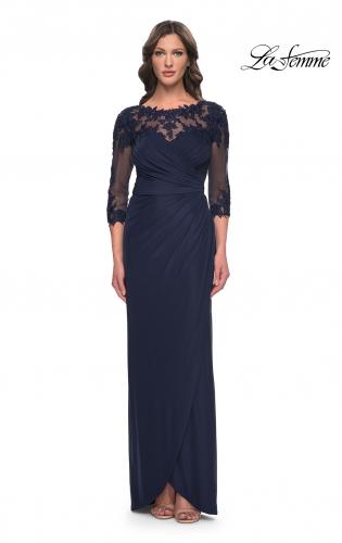 Picture of: Long Jersey Evening Dress with Lace Detail Neckline and Sleeves in Navy, Style: 31093, Main Picture