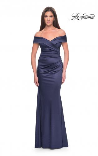Picture of: Off the Shoulder Stretch Satin Evening Dress in Navy, Style: 31621, Main Picture