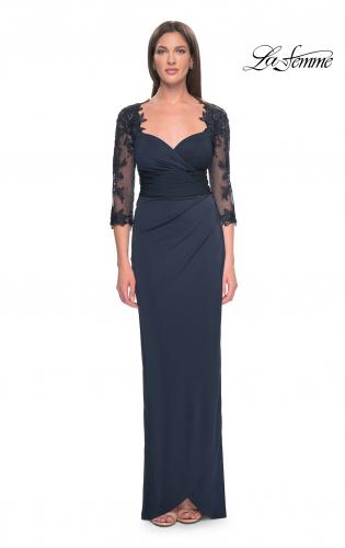 Picture of: Long Jersey Evening Dress with Lace Sleeves in Navy, Style: 31659, Main Picture