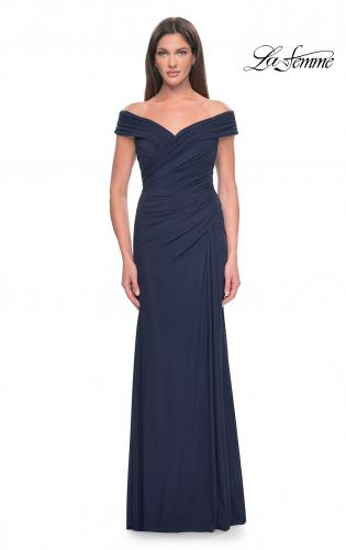 Picture of: Off the Shoulder Jersey Evening Gown with Ruching in Navy, Style: 31677, Main Picture