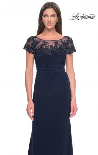 Picture of: Chic Jersey and Lace Evening Dress with Short Sleeves in Navy, Style: 31805, Main Picture