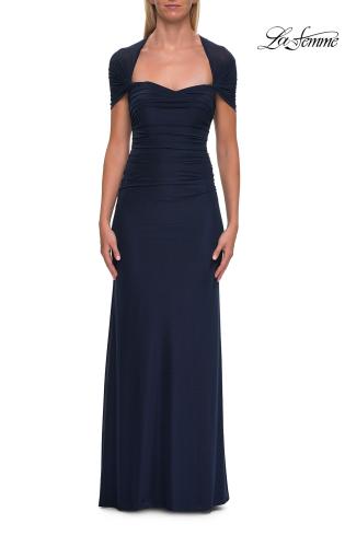 Picture of: Long Net Jersey Ruched Evening Dress with Short Sleeves in Navy, Style: 33124, Main Picture