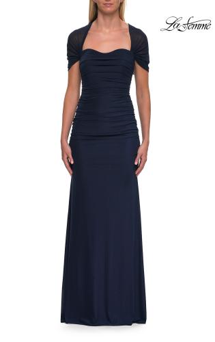 Picture of: Elegant Long Evening Dress with Ruching and Short Sleeves in Navy, Style: 33153, Main Picture