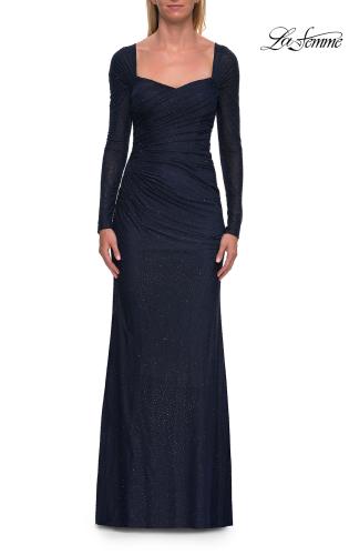 Picture of: Long Sleeve Rhinestone Jersey Gown with Sweetheart Neckline in Navy, Style: 33642, Main Picture