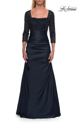 Picture of: Beaded Bodice Satin Gown with Three-Quarter Sleeves in Navy, Style: 33659, Main Picture