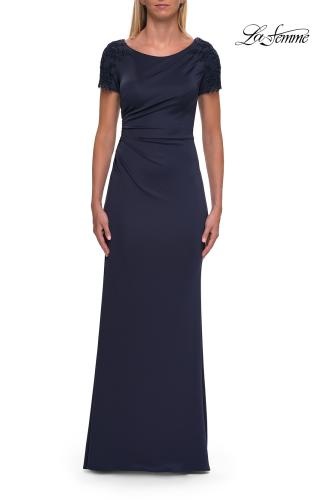 Picture of: Short Sleeve Embellished Shoulder Evening Gown in Navy, Style: 33693, Main Picture