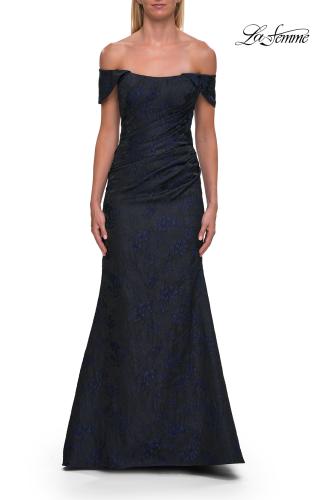 Picture of: Off-the-Shoulder Jacquard Evening Gown in Navy, Style: 33711, Main Picture